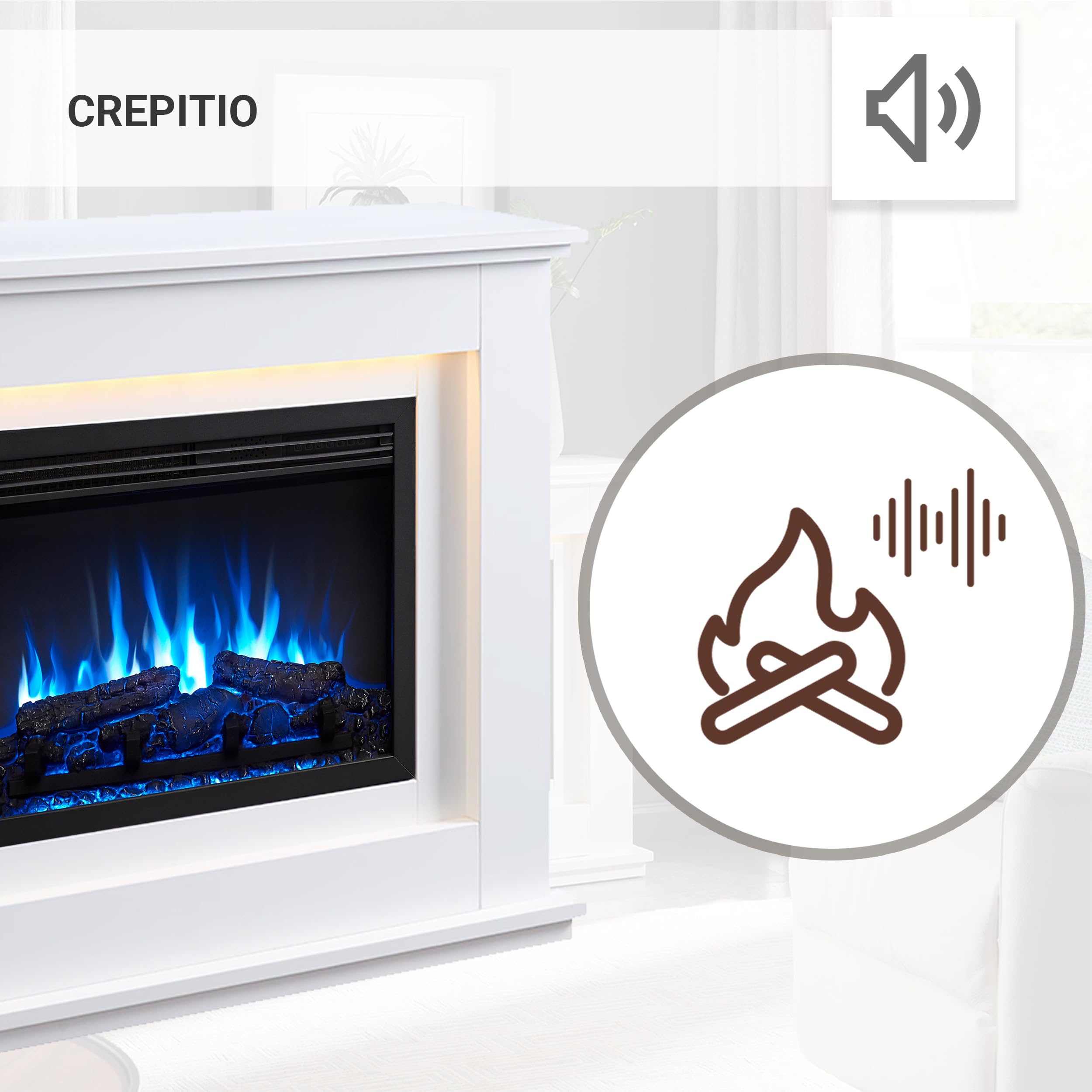 BALDERIA camino elettrico Baldur | Caminetto elettrico a pavimento con effetto fiamma 3D | Riscaldamento elettrico 2000 W | Focolare con app, telecomando, timer, termostato | Bianco