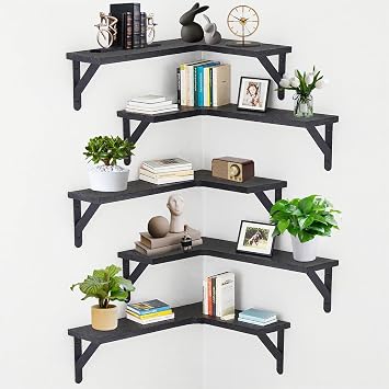 Corner Floating Shelves Set of 5, Wall Mounted Wood Shelves for Home Decor, Rustic Wood Wall Storage Corner Shelf for Kitchen Bedroom Bathroom Living Room Office, Black