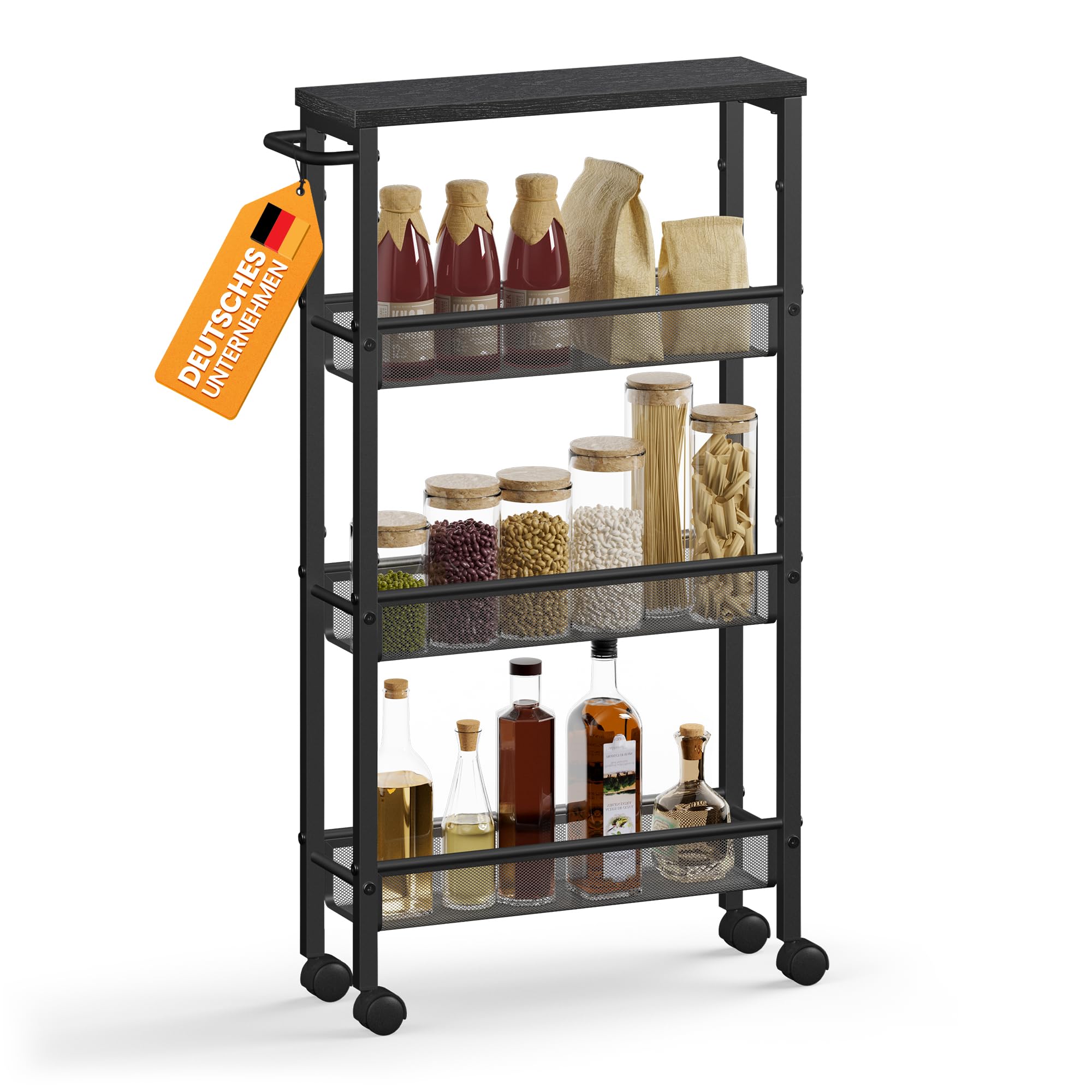 VASAGLE Rollwagen 4 Ebenen, Küchenwagen schmal, Nischenregal auf Rollen, Stahl, Griff, für kleine Räume, 13 x 45,4 x 77 cm, Küche, Bad, Wohnzimmer, Arbeitszimmer, Ebenholzschwarz-schwarz LRC032B04