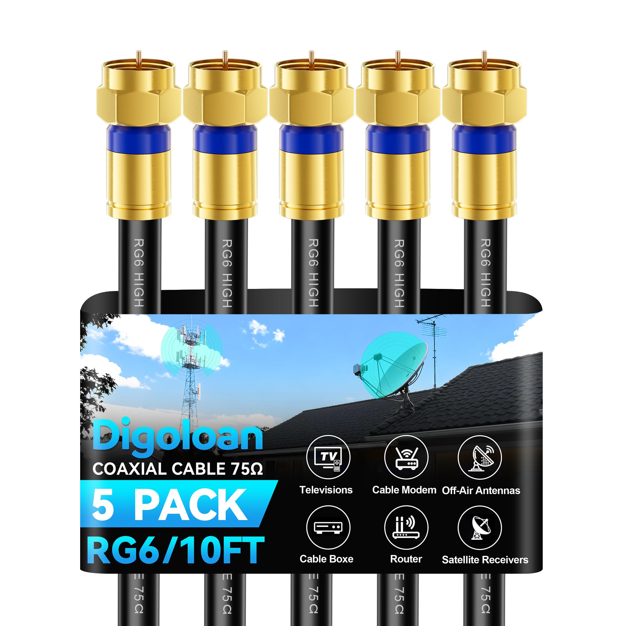 Digoloan Cavo coassiale da 3 m, confezione da 5 pezzi, prolunga per cavo coassiale RG6 con connettore F dorato, cavo Internet ad alta velocità per TV HD, modem, antenna digitale, satellitare, nero