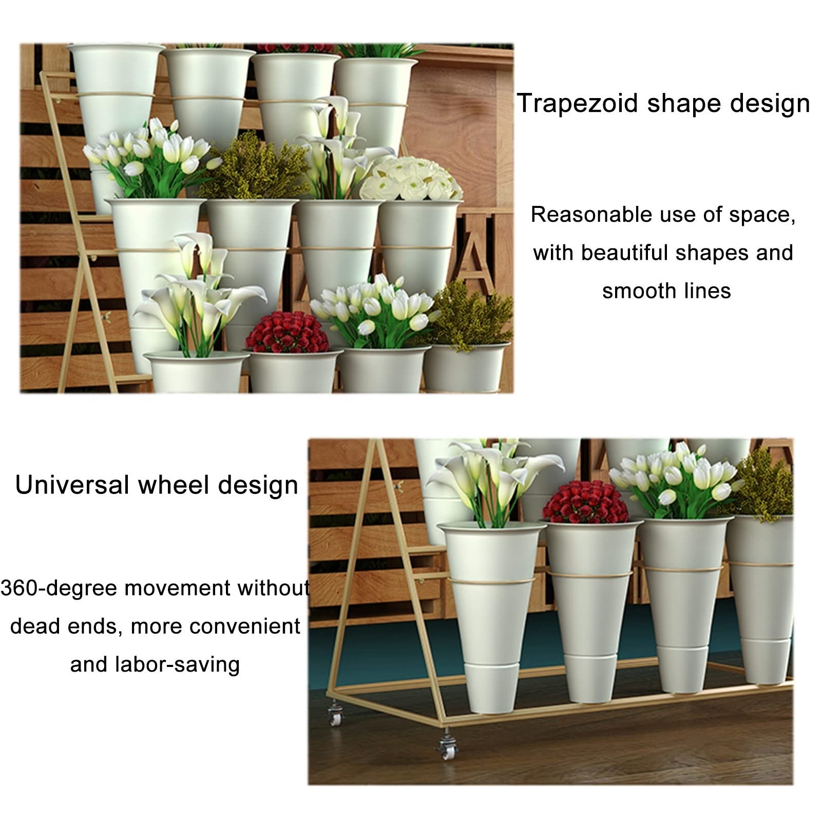 Espositore per Fiori con 12 secchi in plastica - Supporto per Piante in Ferro con 4 Ruote universali, ripiano per Bouquet di fiorista Mobile in Metallo a 3 Strati per ne