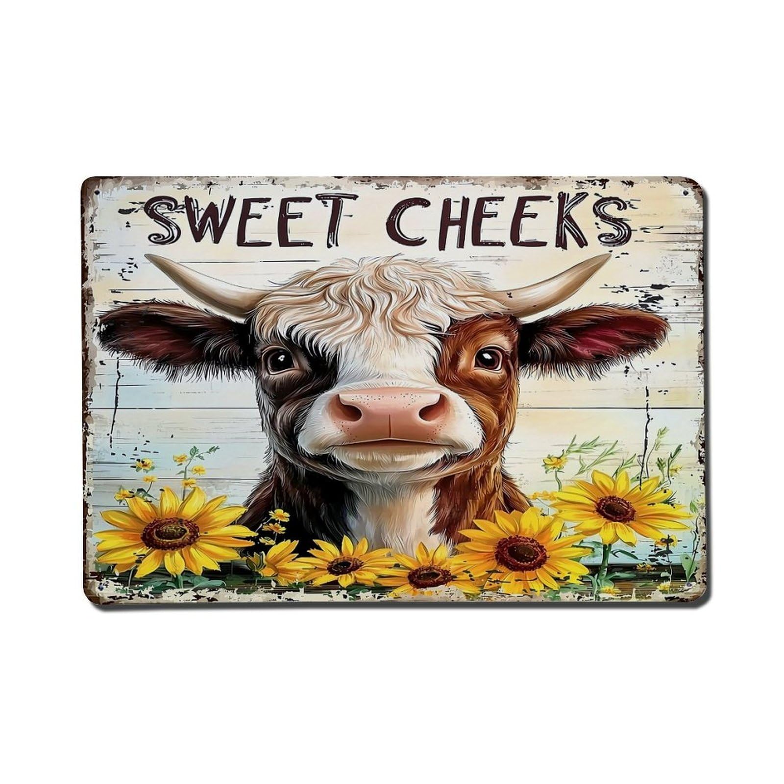 Cow Face Sunflowers Rustic Sign Vintage Tin Sign Retro Metal Wall Decor Metal Poster, Home Bar Garage Farmhouse Cafe Wall Art Decoration 8x12Inches