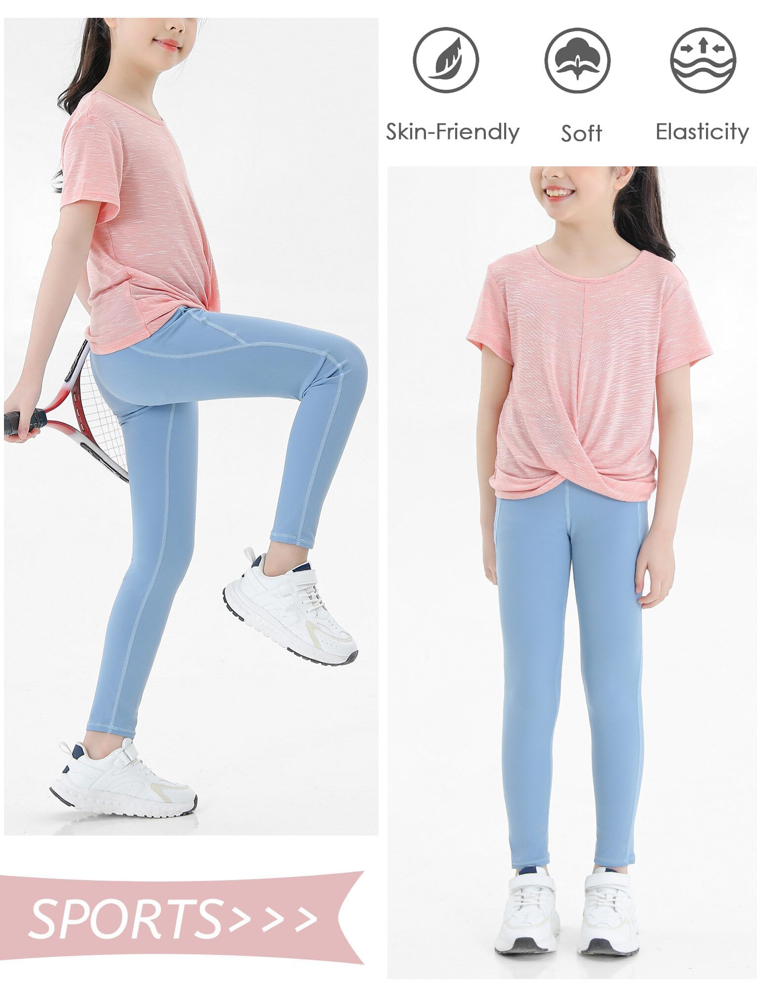 Coralup Girls' Active Leggings Kids Dance Running Yoga Pants Stretchy High Waist Tight Pants with Pockets,Light Blue,9-10Y