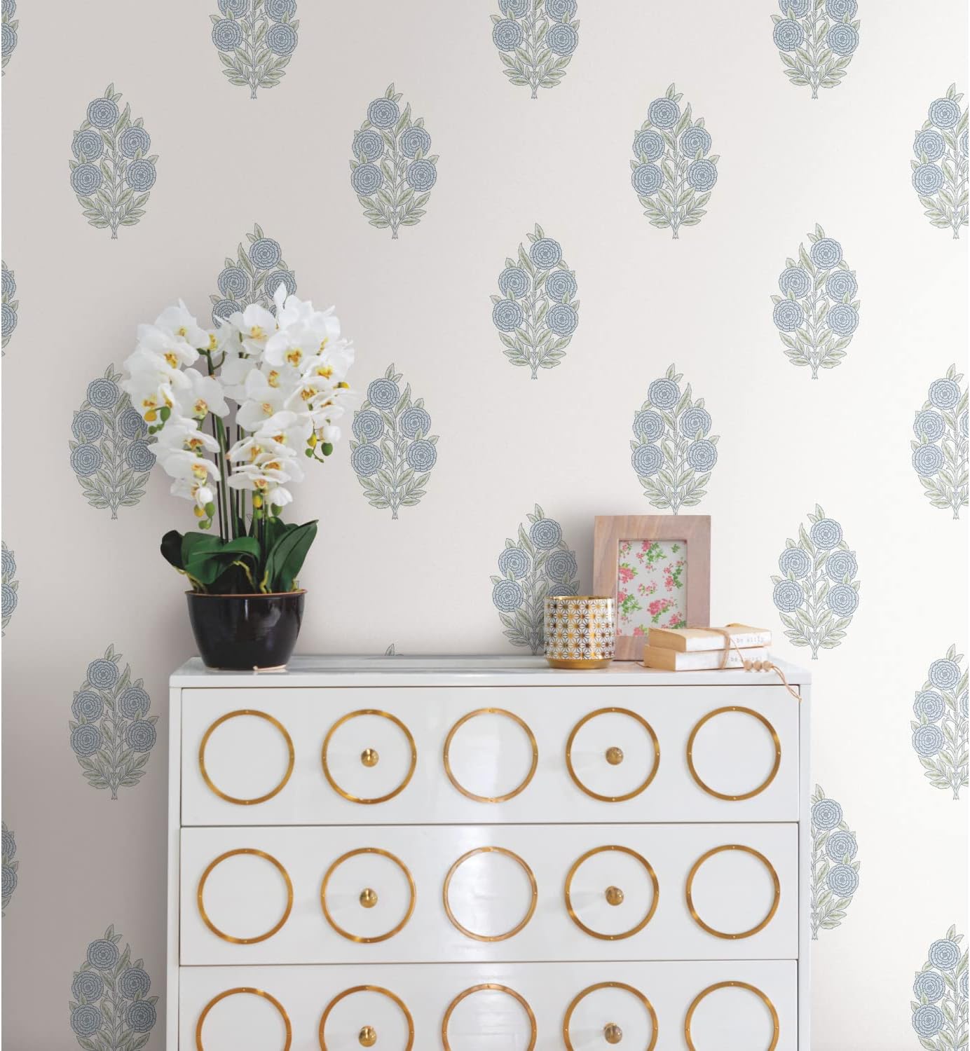 Blue Floral Self-Adhesive Repositionable Vinyl Wallpaper Roll
