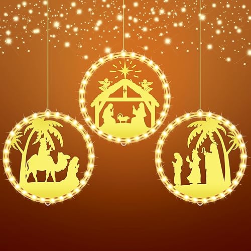 3 piezas de luz de Navidad para ventana, 9.45 pulgadas, silueta de escena decorativa, luces colgantes de nacimiento de Jesús, decoración de ventana,