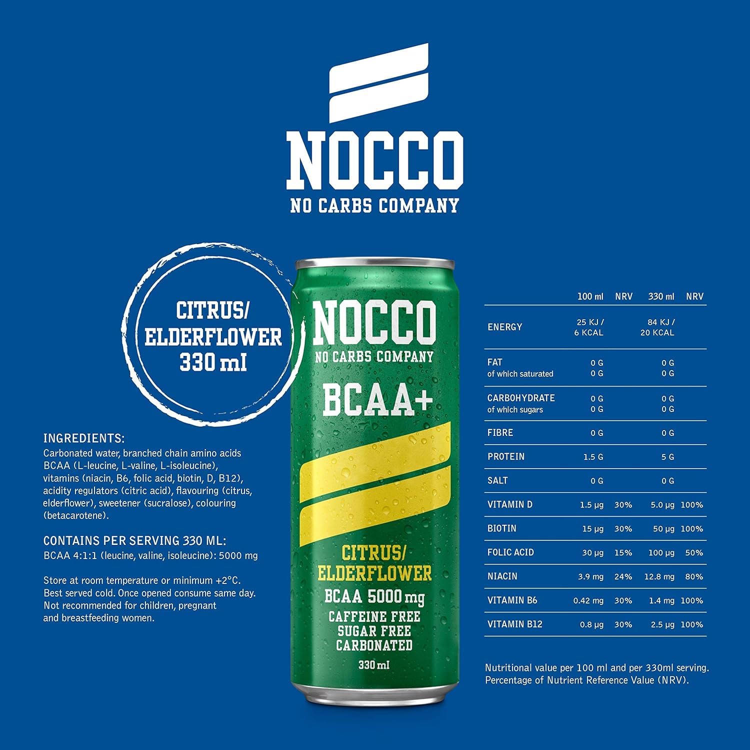 Nocco BCAA Energy Drink 330 ml koffeinfrei – Citrus/Holunderblüte, 12 Stück