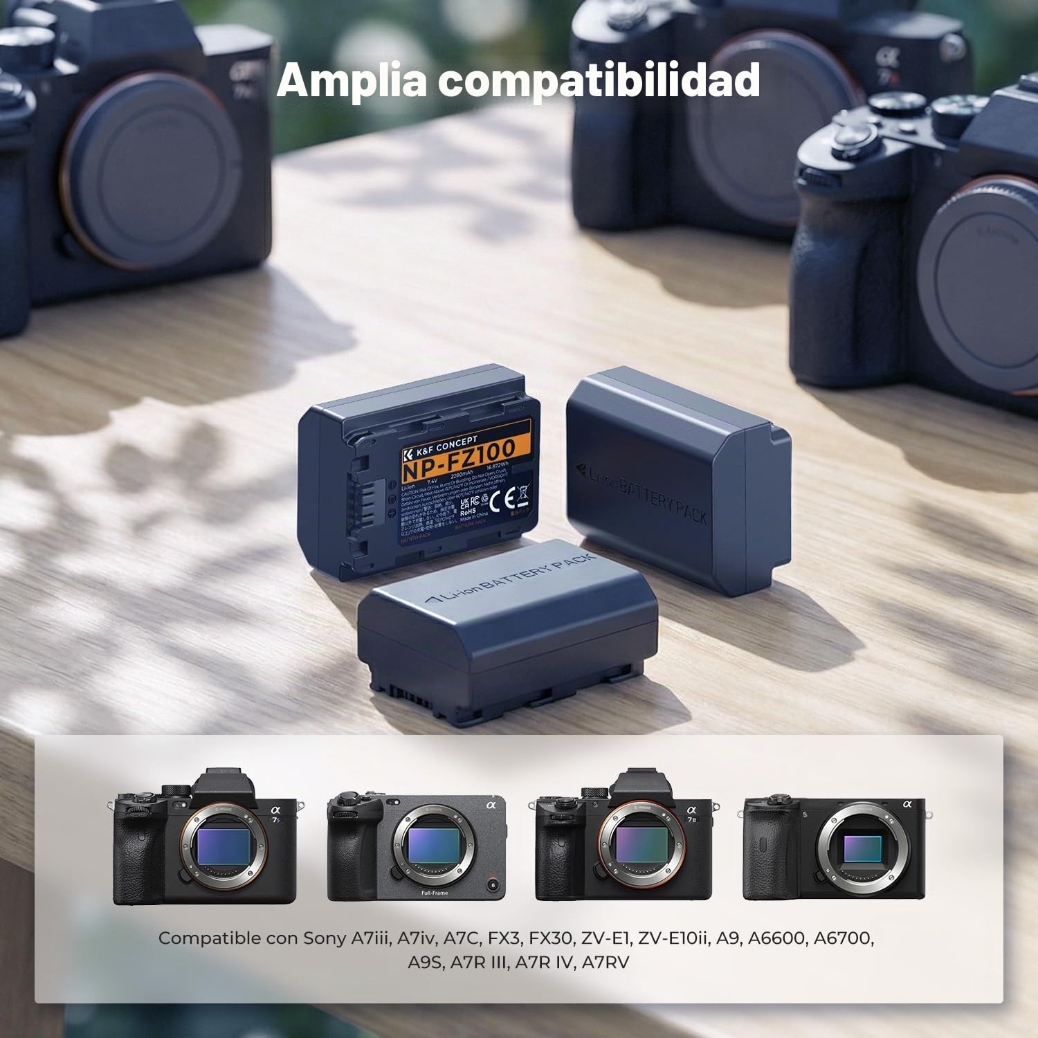 K&F CONCEPT 3-Pack NP-FZ100 Batería 2280mAh y Cargador LCD de 3 Ranuras Compatible con Sony A7iii, A7iv, fx3, fx30, A6700, A7R, A9, A6600, A7Riii, A7Riv, A7R3, A7C, ZV-E10ii, A7S3 y más