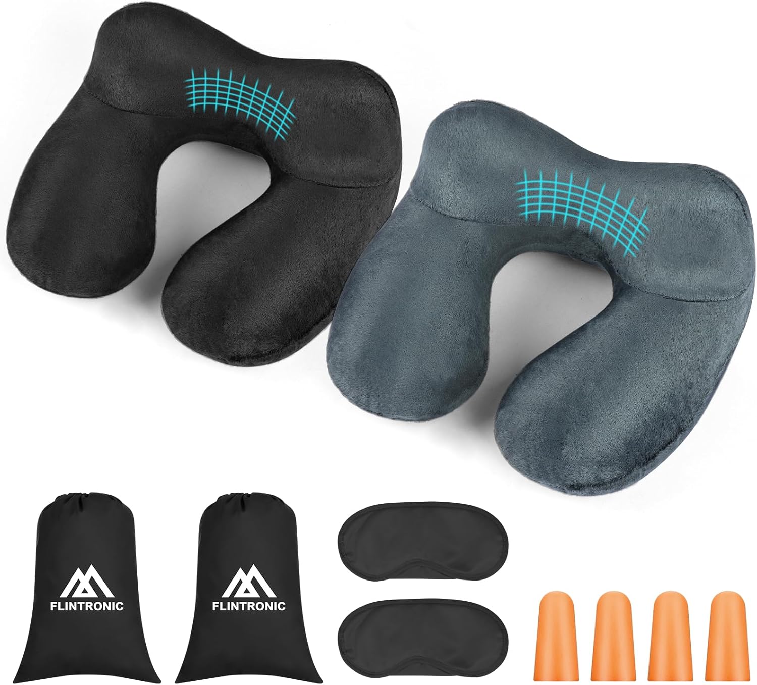 Flintronic Coussin de Voyage Gonflable, 2 Pcs Oreiller de Voyage pour Avion, Oreillers de Soutien de Velours Doux, avec Masque pour Les Yeux et Bouchons d&rsquo;oreille, Pliable et Portable,pour Avion Train
