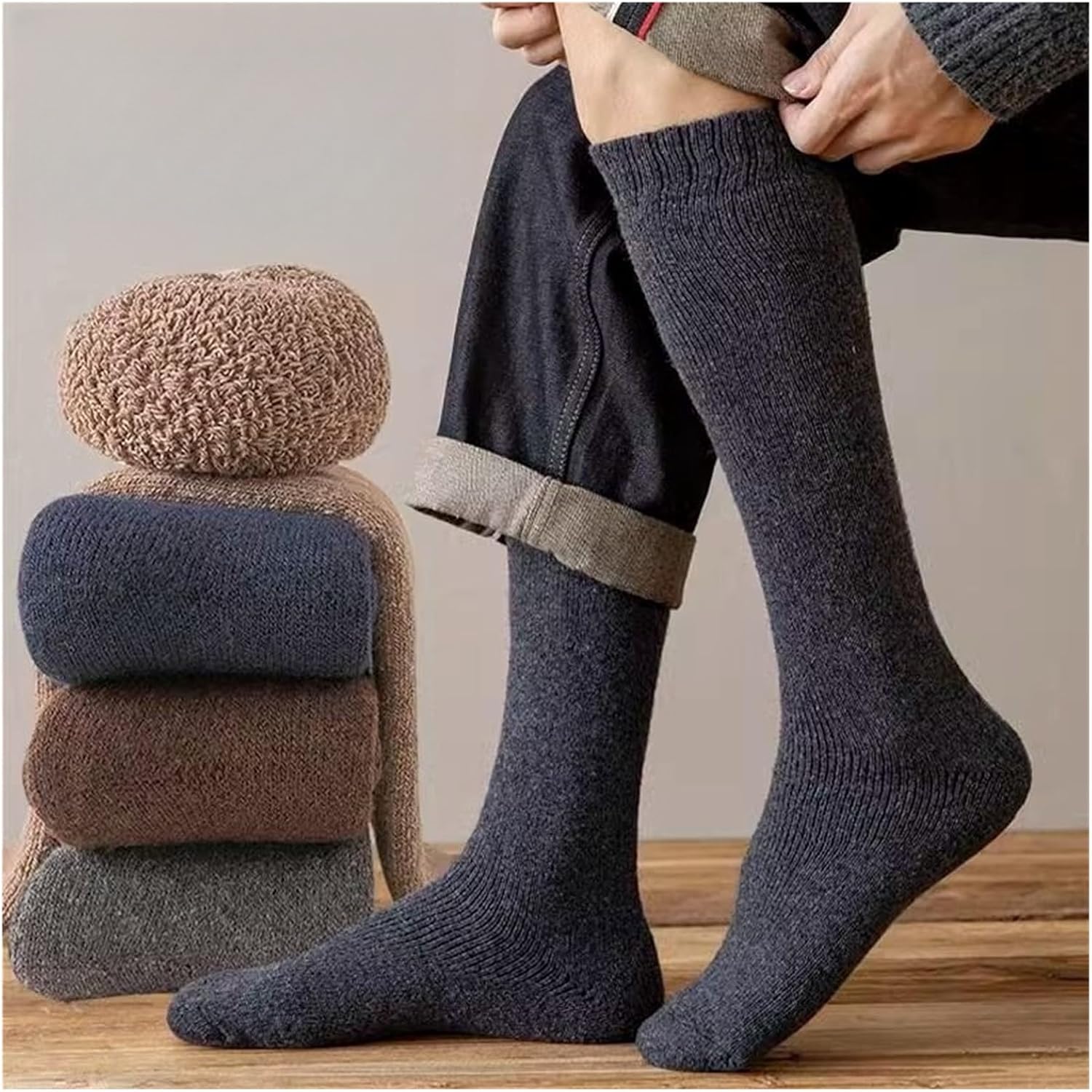 3 Pair Winter Thick Warm Knee-High Men's Socks Men's Calf Socks Casual Socks Stockings Men(Light Grey)