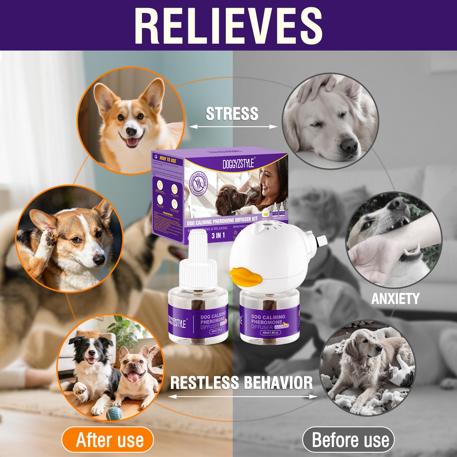Difusor De Feromonas Calmantes para Perros,Alivio Natural De Ansiedad para Perros,Reduce Eficazmente El Estrés Y El Ladrido,Adecuado para Todas Las Razas,2 Recambios