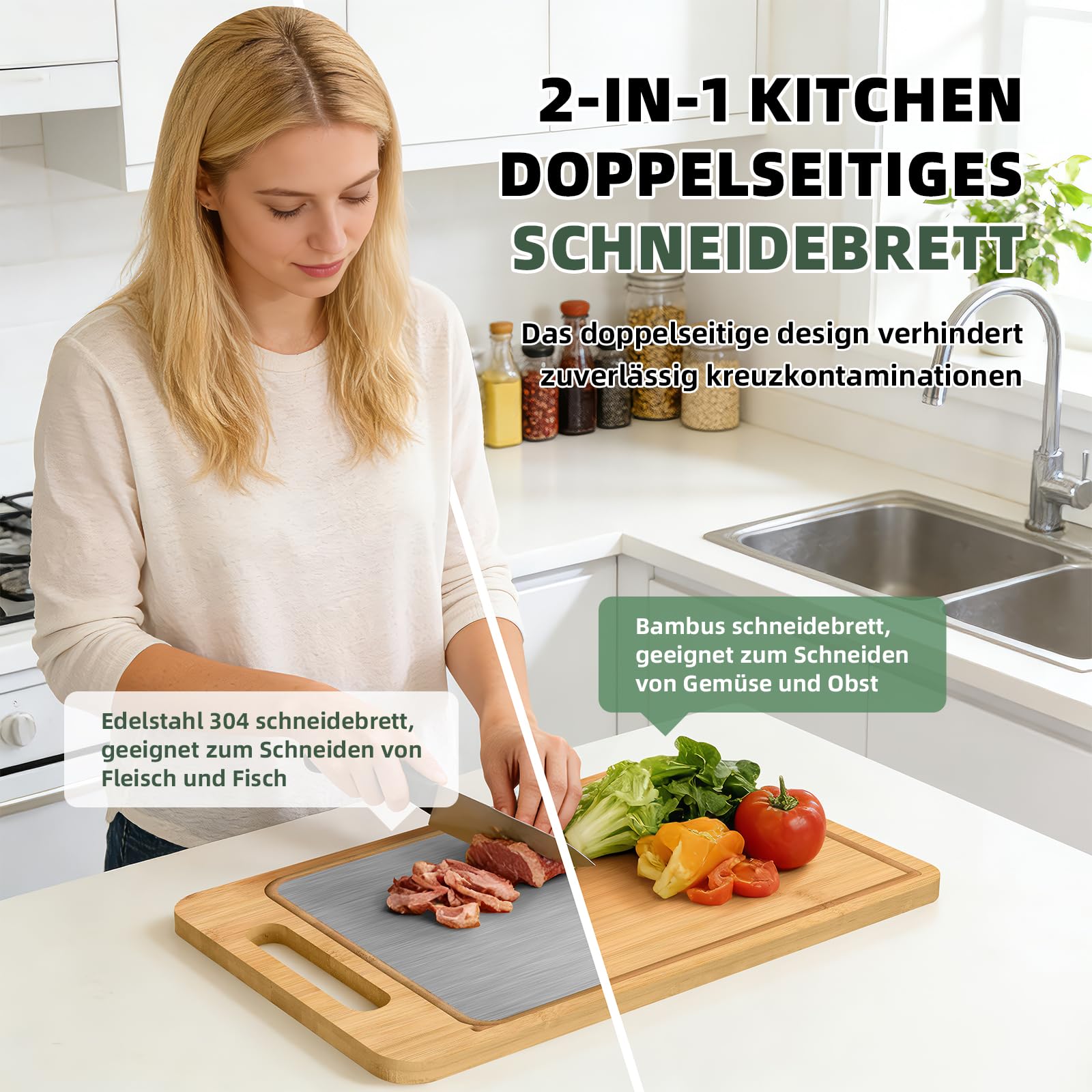 Mittimiya Tabla de cortar 2 en 1 de doble cara de bambú y acero inoxidable 304, tabla de cortar grande antideslizante con ranura para zumo, duradera y fácil de limpiar para carne, verduras y frutas