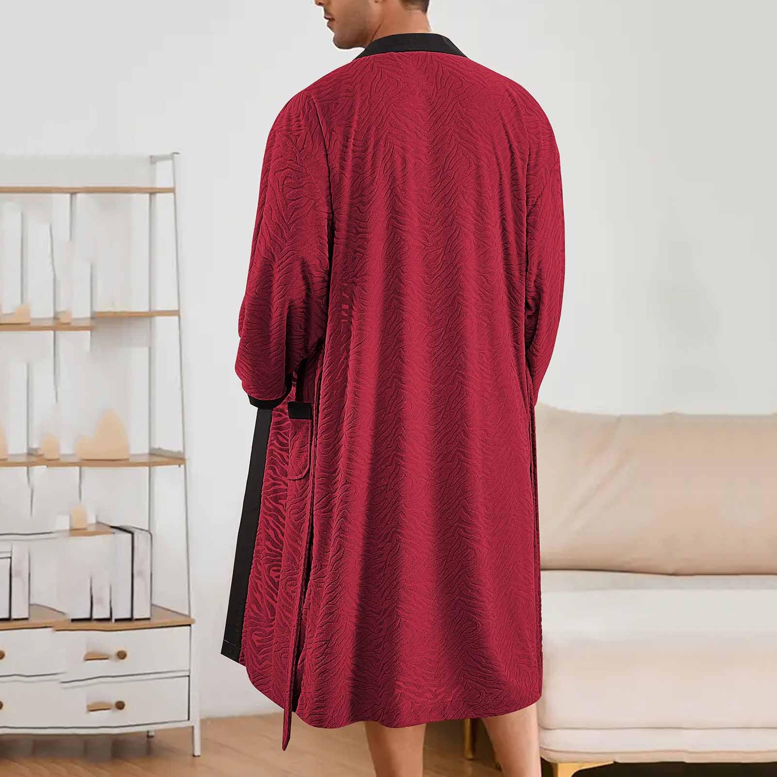 HAOLEI Albornoz Hombre de Rizo Batas Largo de Casa para Hombres Microfibra Bata Kimono Manga Larga Largos Ligero Ropa de Dormir con Cinturón y Bolsillos Suave Cómodo Albornoz Ducha Casual Pijama