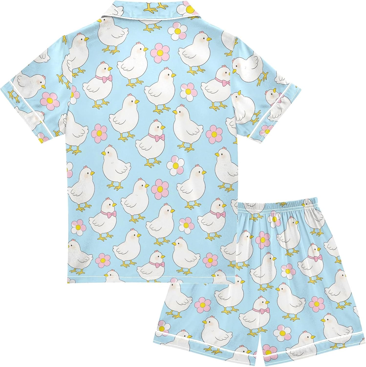 Kids Satin Wear Set Chicken Pink Bow Flower Pattern Relaxing Clothing Short Sleeve and Shorts