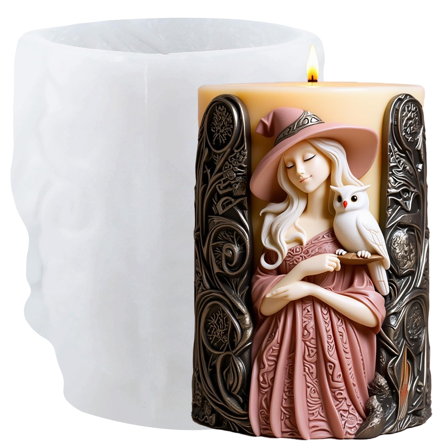 XIAOSHUI Witch Pillar Candle Mould Halloween Witch Owl Cylinder Resin Casting Moulds for Candles Making Aromatherapy Candles Wax Polymer Clay Home Decoration