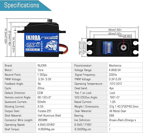 Miniatura 4 de INJORA RC Servo 55.1 lbs Servo Digital Servo Alto Torque RC Piezas para 1:10 RC Crawler VP VS4-10 SCX10 Pro SCX10 TRX4 D90