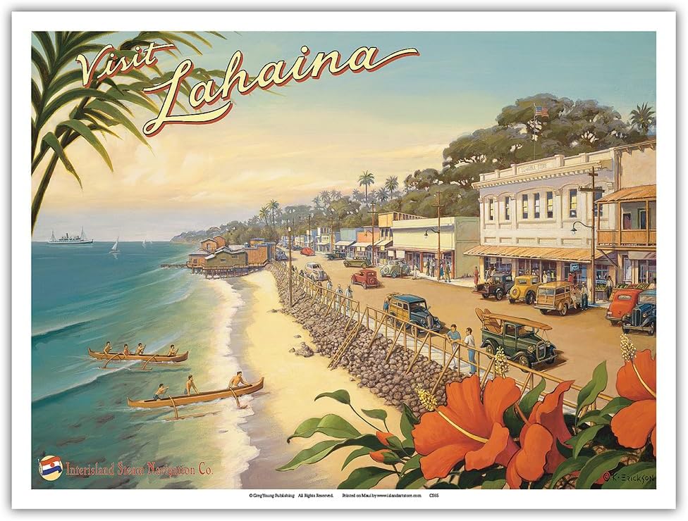 Visit Lahaina - Maui Hawaii - Vintage Hawaiian Travel Poster by Kerne Erickson - Master Art Print (Unframed) 9in x 12in