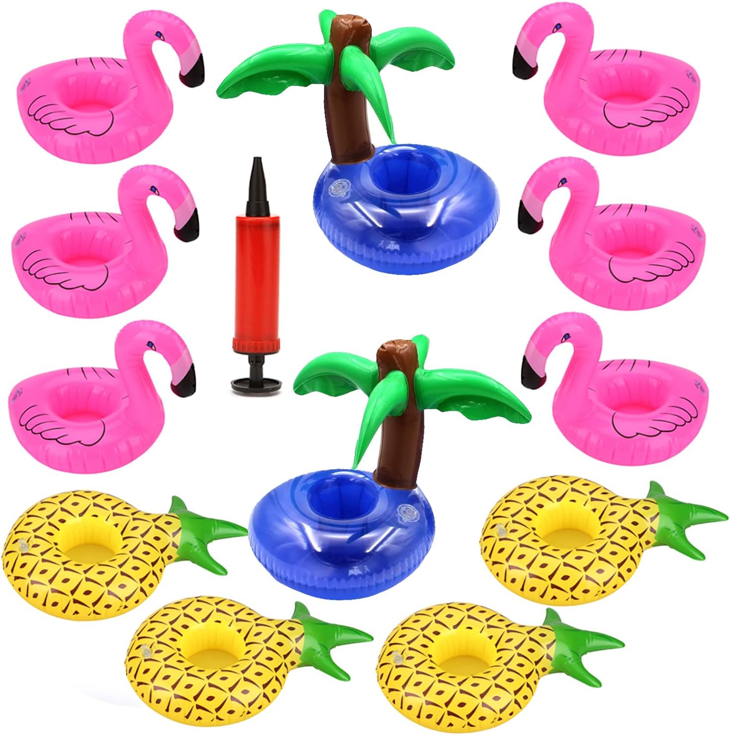 Floating Drink Holder for Pool Party, 12pcs Hawaiian Pool Float Drink Holder Floats, Inflatable Drink Holder Pool Cup Holder, Flamingo Palm Trees Pineapple