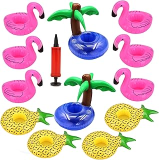 Uniqhia Floating Drink Holder for Pool Party, 12pcs Hawaiian Pool Float Drink Holder Floats, Inflatable Drink Holder Pool Cup Holder, Flamingo Palm Trees Pineapple