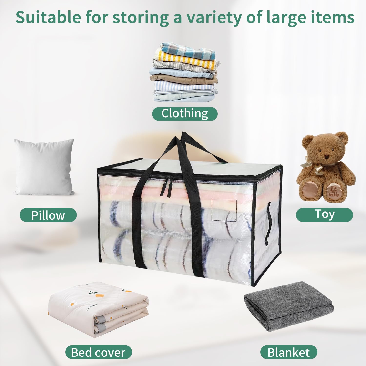 Lot de 2 90L Grands Sac de Rangement avec Couvercle et Poignées Renforcées, Sac Rangement Vetement, Cartons Déménagement Résistant pour Rangement des Vêtements et voyages, Sac à Linge