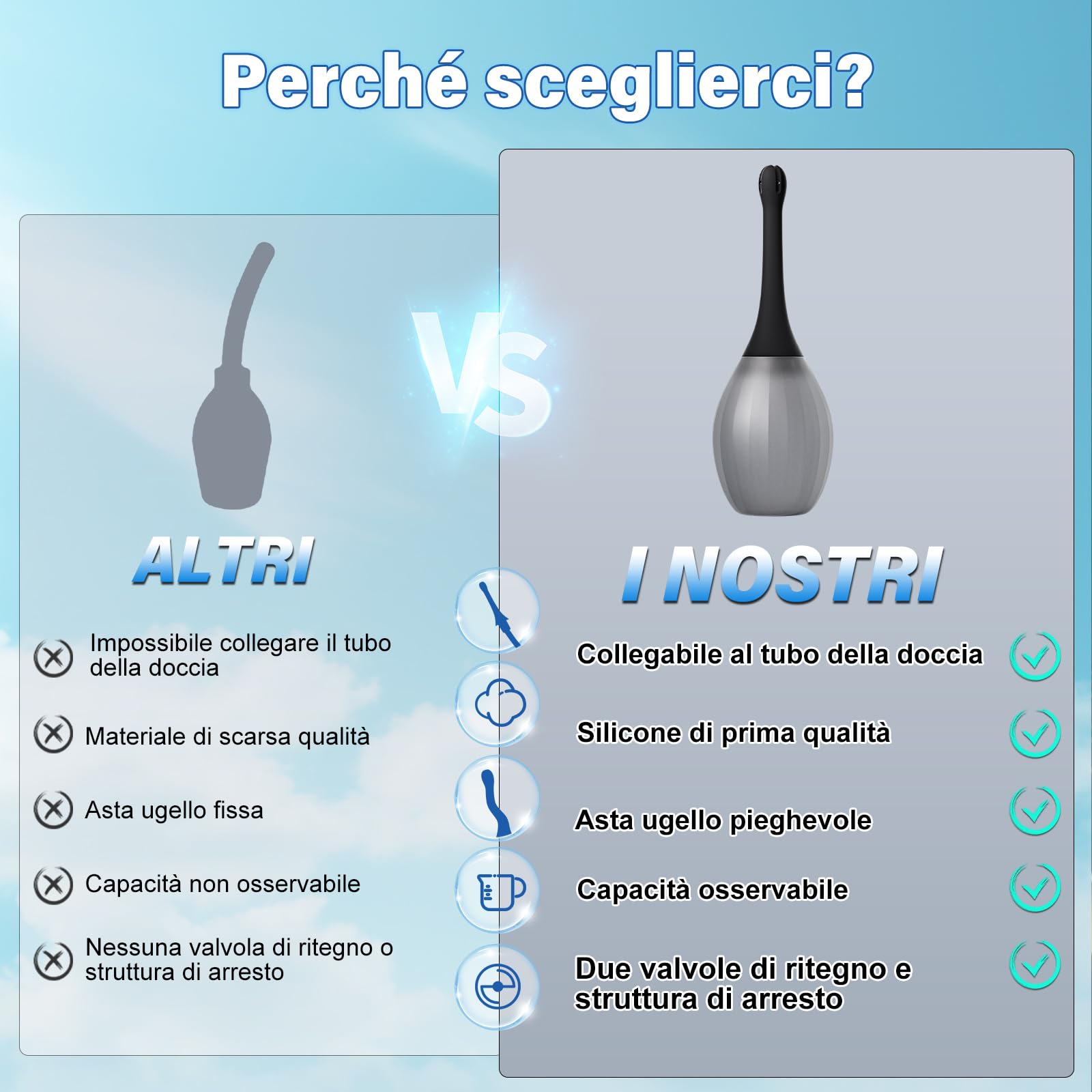Clistere per Pulizia Ano per Uomini e Donne - Peretta per Clistere per Adulti da 300 ML con Ugello Flessibile per Doccia Anale, Kit Doccia Vaginale in Silicone Antireflusso per Lavaggio Anale e Colon