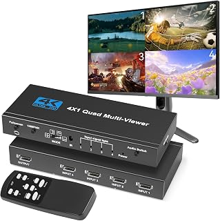 HAICHENTEX 4x1 HDMI Multiviewer Switcher 4K@30Hz Quad Viewer 9 Display Modes Seamless Switch IR Remote for Gaming Security