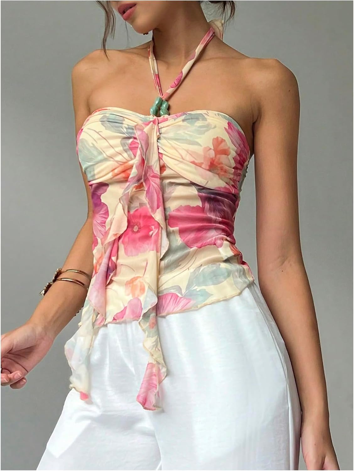 MakeMeChic Women's Floral Halter Tops Tie Backless Ruched Fitted Summer Tank - Image 2