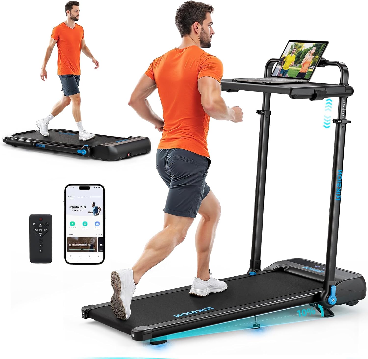 Treadmills with Desk Removable 10% Incline LED Display App Support, 1–14KM/H Walking Pad with Foldable Handrail Running Machine for Home/Office Jogging - Amazon product rated Grade B