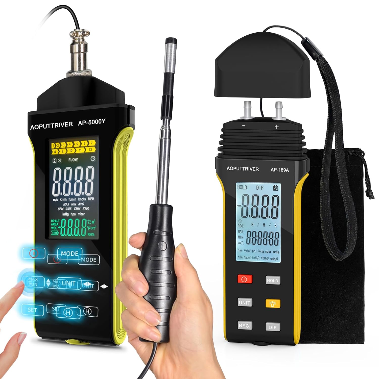 Hot Wire Anemometer Handheld Wind Speed Meter Measures Wind Speed Wind Flow Temperature and Humidity CFM Air Flow Velocity 5000Y and 189A Manometer HVAC Gas Pressure Tester (2Pack)