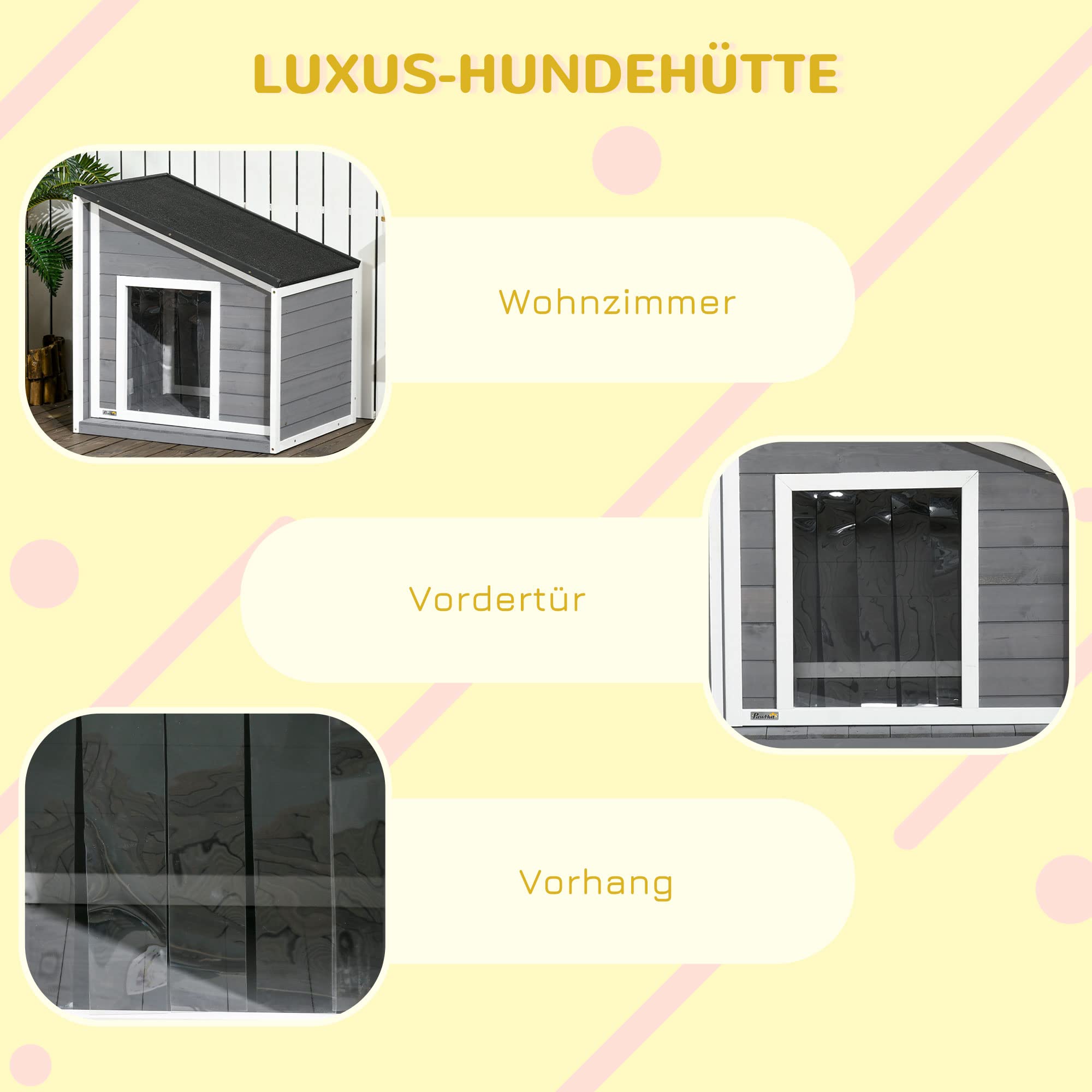 PawHut Hundehütte Outdoor aus Holz, Hundehaus mit zu öffnendem Asphaltdach und Türvorhang, Wetterbeständig Kleintierhaus für kleine Hunde, draußen, Grau, 71 x 58 x 53/77 cm