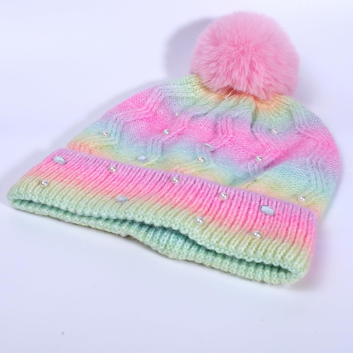 Kids Winter Knit Hat with Pompom - Sparkly Sequin & Pearl Rhinestone Beanie, Warm Ski Cap for Boys & Girls Ages 3-14 - Image 9
