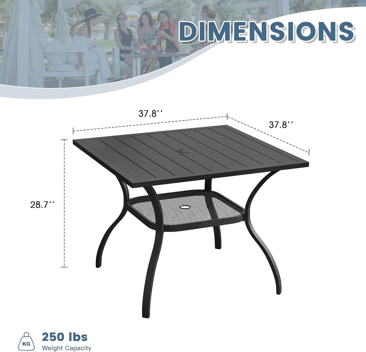 DIFY Square Patio Dining Table for 4, 38" Black Outdoor Metal Dining Table with 1.57" Umbrella Hole for Backyard, Lawn, Garden and Deck