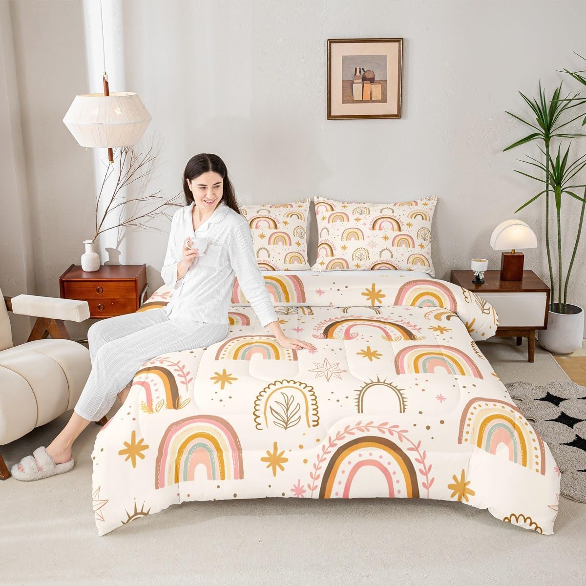 Homewish Kids Boho Rainbow Bedding Set Queen Size Cute Starry Leaves Dots Print Comforter Set 3Pcs for Child Girls Women Adult Room Decor Nature Plants Quilt Set Pink Yellow Duvet Insert,2 Pillowcase