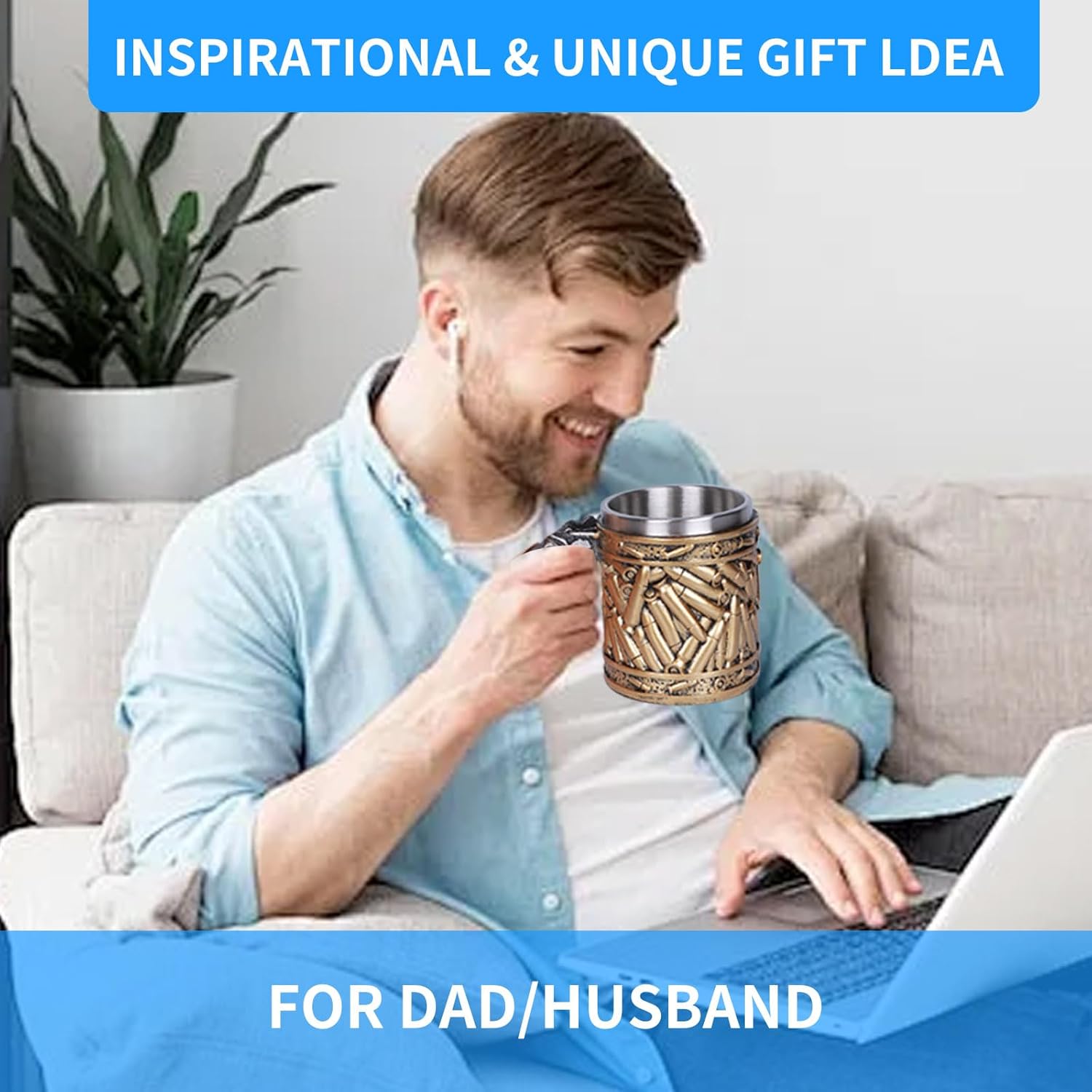 Gun Mug, Gun Handle Coffee Mug, Stainless Steel Bullet Pattern Beer Mug, Unique Coffee Mugs, Fathers Day Dad Gifts, Birthday Gifts for Men (15 OZ) - Image 5