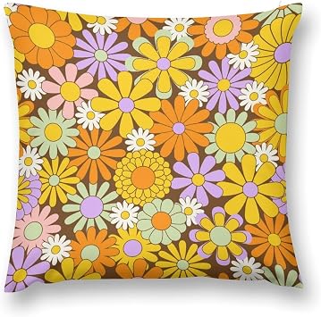 Retro 70S Abstract Floral Throw Pillow Covers Colorful Vintage Groovy Geometric Flower Plant Decorations for Bedroom Living Room Farmhouse Sofa Pillows Bed Couch 18x18 Inch