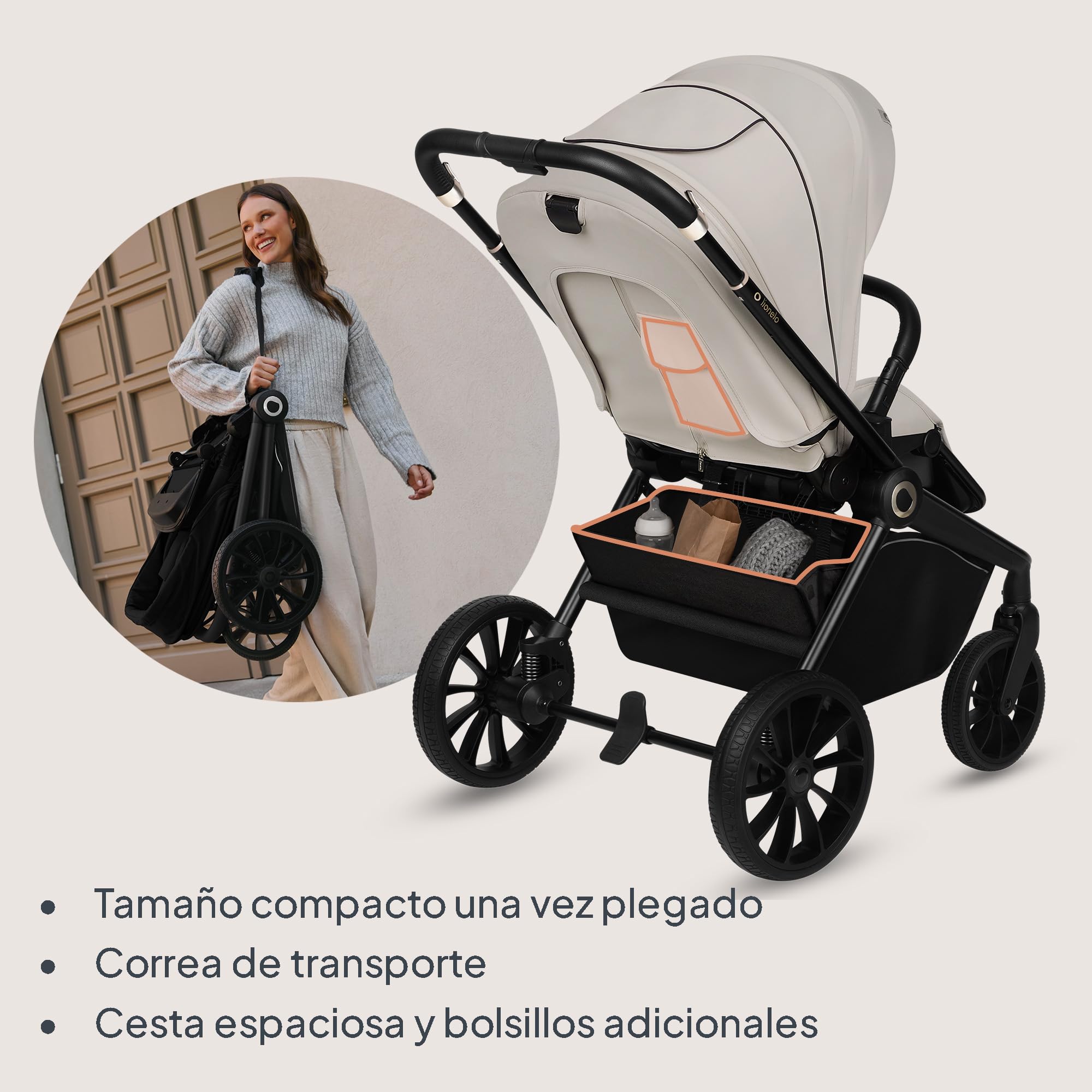 LIONELO MIKA PLUS 3 en 1 Silla de Paseo Bebe 0-48 meses a 22 kg Capazo hasta 9 kg Silla de Coche Portabebés hasta 13 kg, Respaldo Ajustable, Suspensión, Ruedas 360° Capota XXL Carrito de Bebe (Beige)