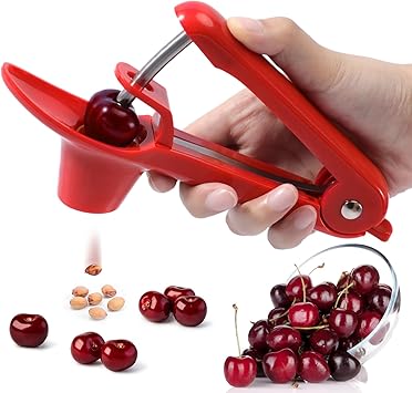 SCHVUBENR Cherry Pitter Tool - Stainless Steel Cherry Corer Pitter with Ergonomic Push Design - Easy to Use for Making Cherry Jam - Pit Cherry with Ease, Saving Time & Space with Lock DesignRed