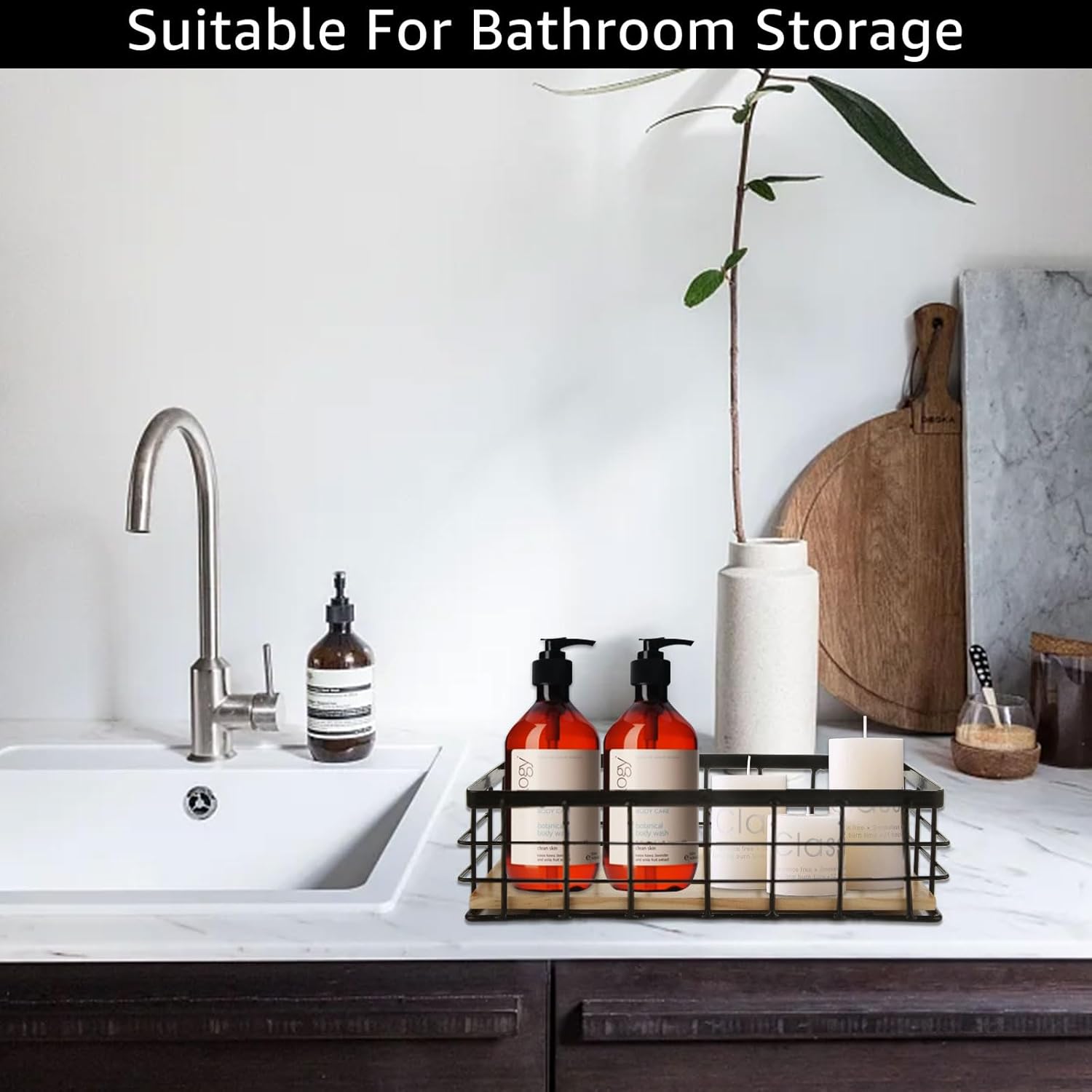 SENENQU 4 Pack Metal Wire Basket Detachable Wood Base Storage Organizer Farmhouse Bin for Kitchen Cabinets, Bathroom, Pantry, Laundry Room, Closets (Set of 4, Black)