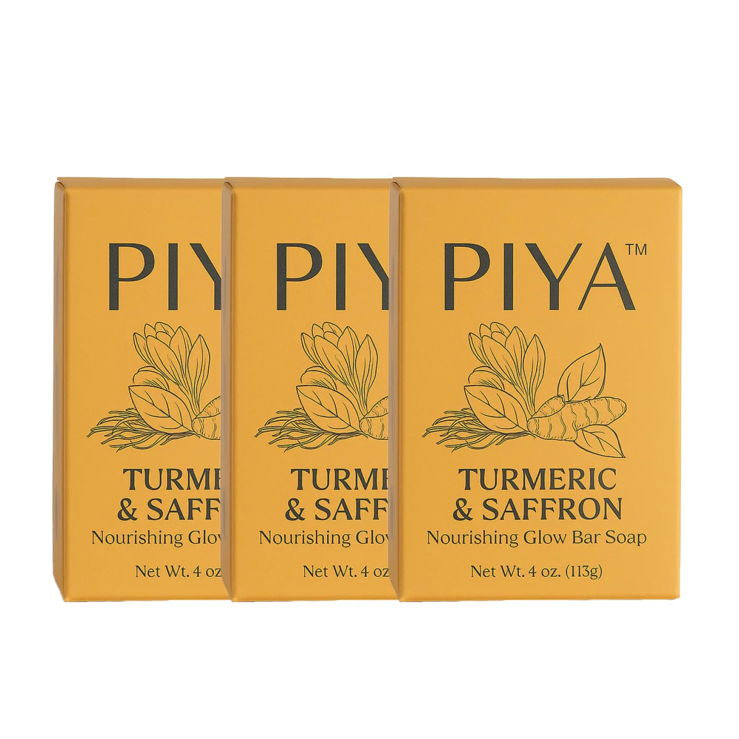 Piya Turmeric & Saffron Glow Bar Soap – Brightening Face & Body Cleanser with Turmeric, Saffron, Vitamin C & Botanical Oils (Pack of 3)