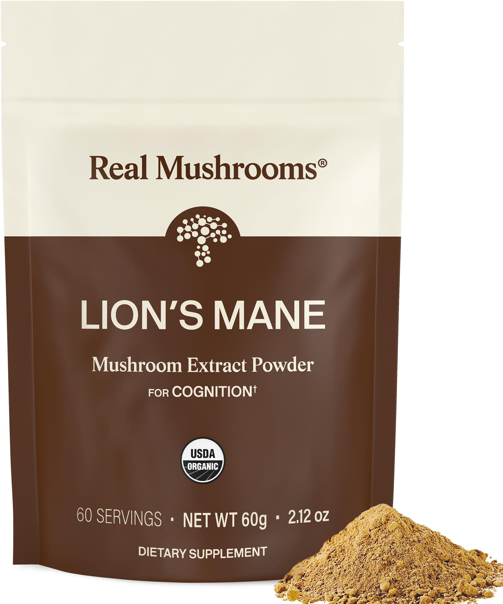 Real Mushrooms Lionโs Mane Powder - Organic Lions Mane Mushroom Extract for Cognitive Function & Immune Support - Brain Supplements for Memory and Focus - Vegan Mushroom Supplement, 60 Servings