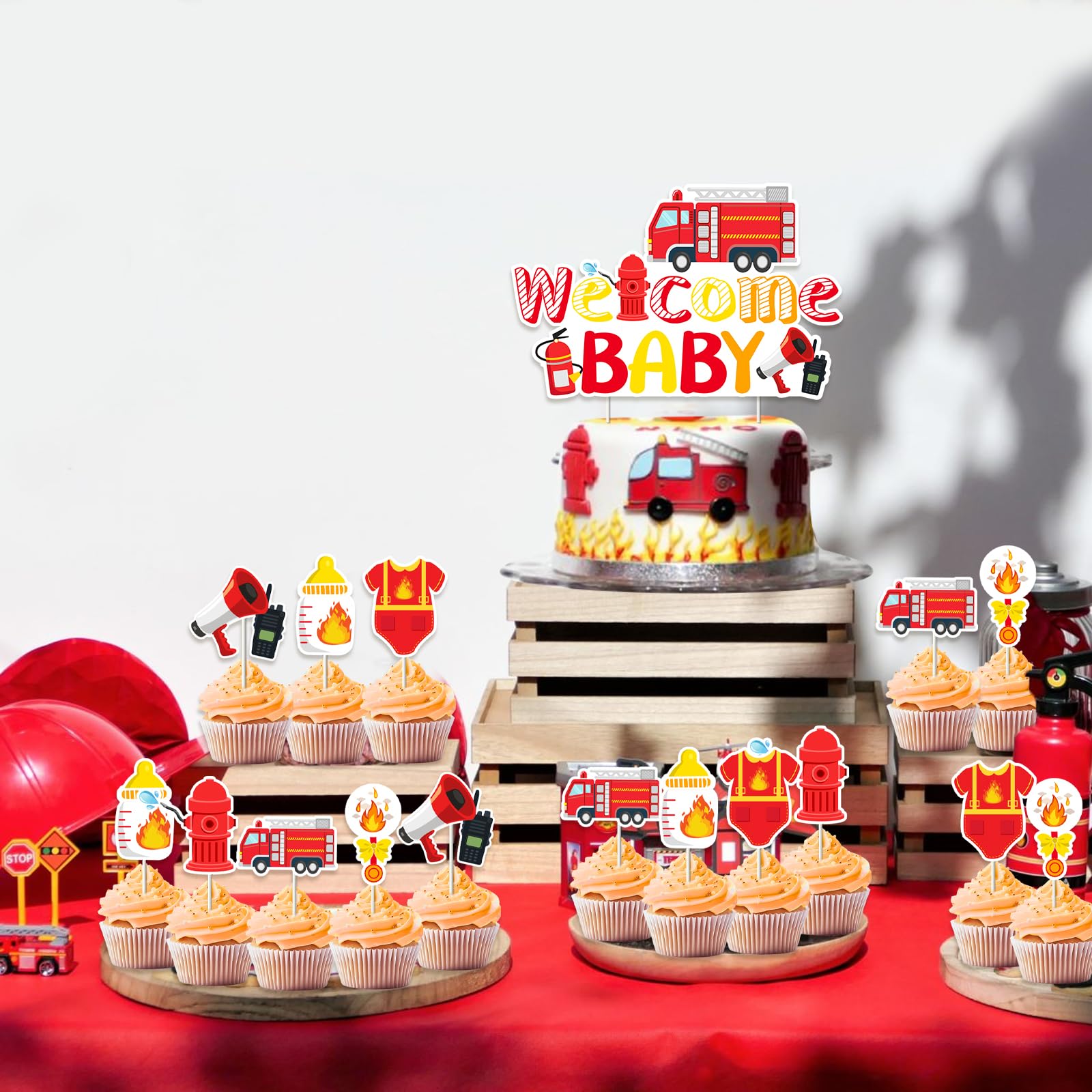 Fire Truck Baby Shower Decorations Set - Banner, Garland, Cake Topper & Balloons