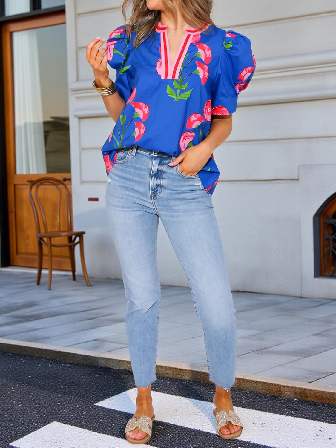 Cicy Bell Womens Summer Puff Sleeve Blouses Casual Dressy V Neck Color Block Tops Loose Fit Boho Floral Printed Tee Shirts - Image 6