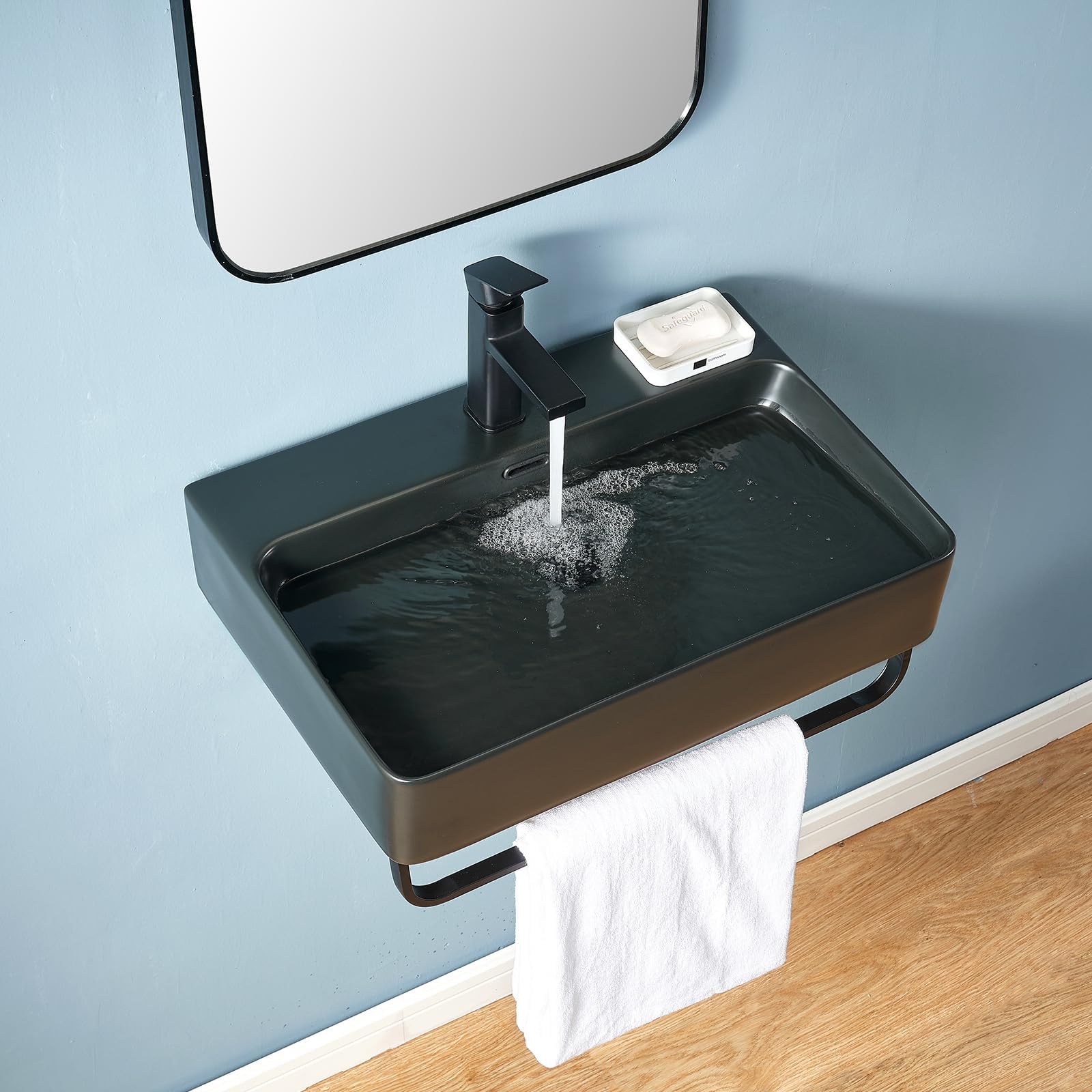 VALISY Wall Mounted Sink Black with Towel Rack, 24"x16" Vessel Sink Rectangle, Wall Mount Floating Bathroom Sink Wall Hung Porcelain Ceramic Modern Sink With Single Faucet Hole and Overflow