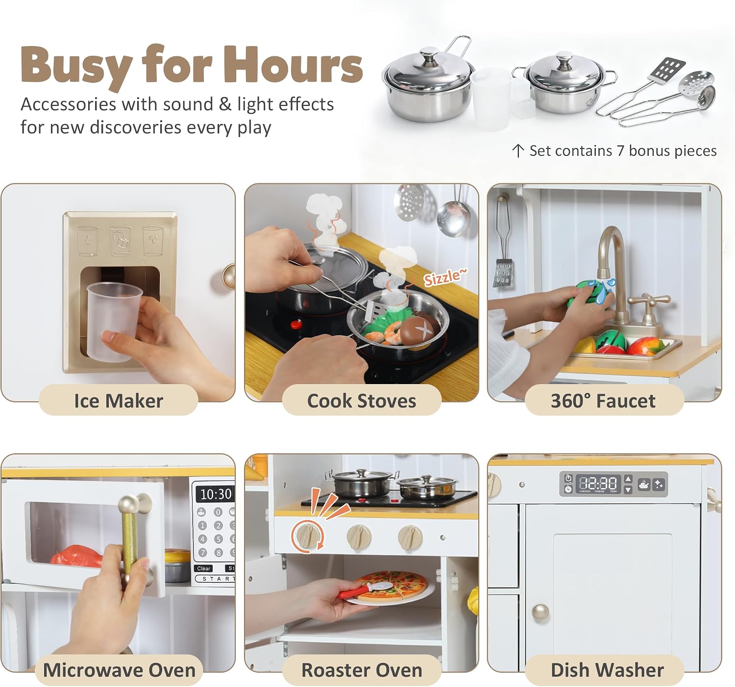 TODEFULL Play Kitchen for Kids, Wooden Kids Kitchen Playset with Realistic Sounds, Children Pretend Toy Kitchen Playset w/Stove, Oven & Ice Maker, Little Chef Play Kitchen for Girls and Boys, White
