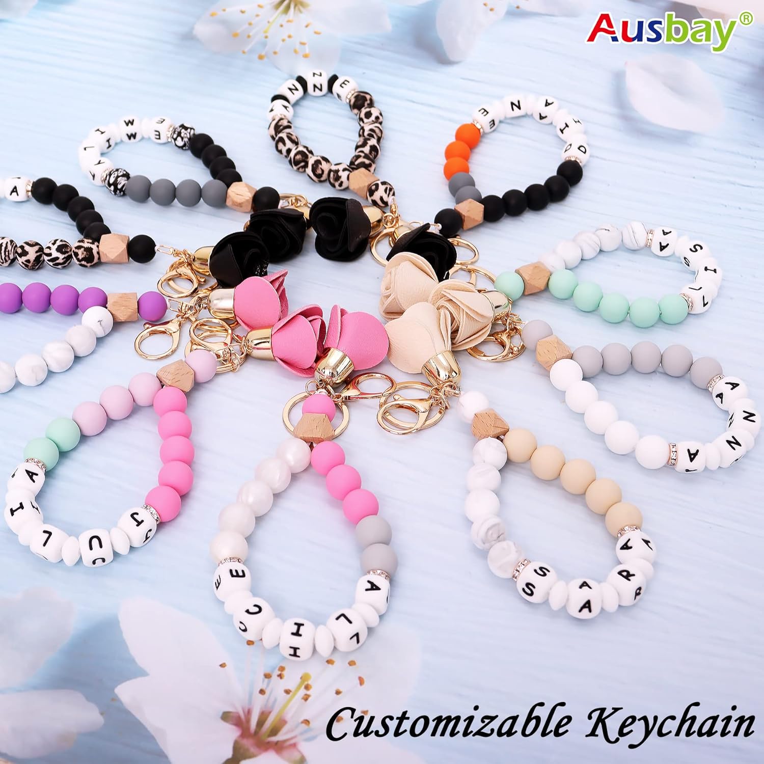 Personalized Keychain Bracelet Wristlet Bangle Keyring, Elastic Silicone Bead Leather Tassel Bracelet Keys Rings for Women (Black+White) : Handmade Products
