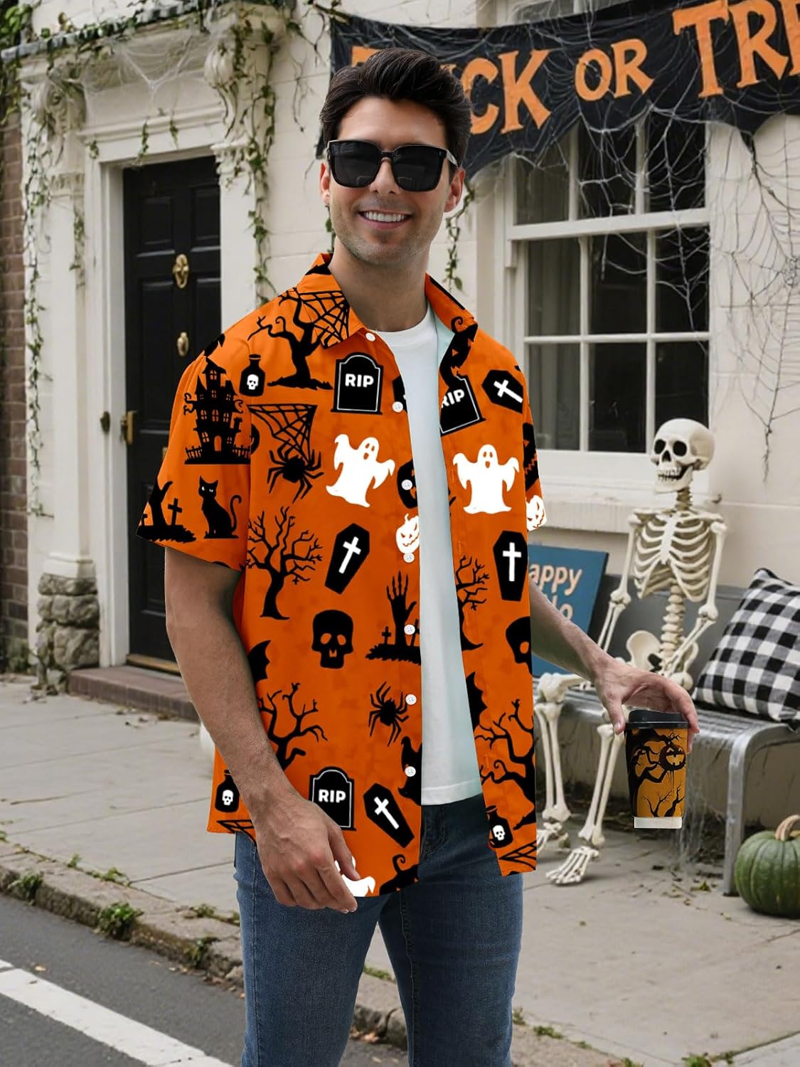 Halloween Button up Shirts for Men Short Sleeve Halloween Shirt Cute Vintage Scary Atmosphere Hawaiian Shirt - Image 4