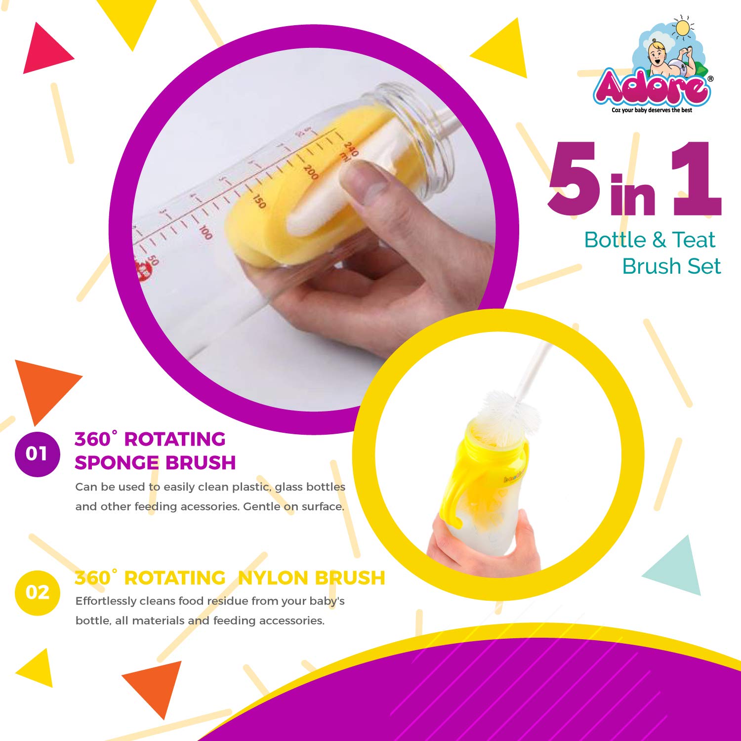 Adore Bottle Nipple and Straw Cleaning Kit, Multi Color Feeding Bottle Cleaner Brush (Cleaning Brush Kit) (5 in 1 Kit) 4 718Is6OzSSL. SL1500