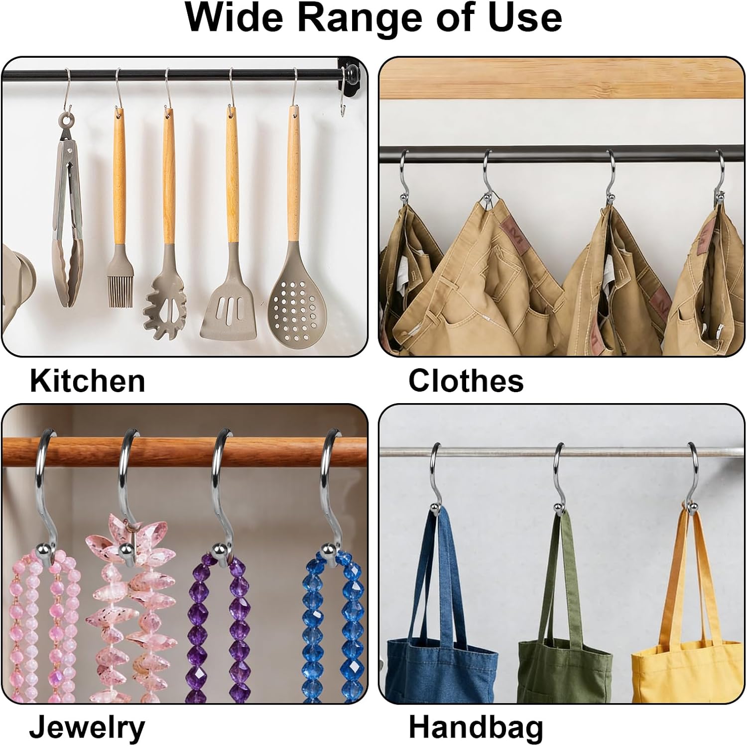 Chrome Metal Shower Hooks - Large S-Shaped Non-Beaded Curtain Hooks, Rust-Proof Shower Curtain Hooks for Bathroom Shower Rod,12 PCS,Used for bathrooms, Kitchens, wardrobes