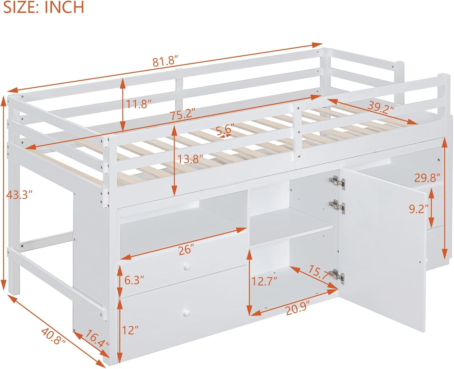 Detailed dimension diagram of the Bellemave Twin Size Low Loft Bed, showing all key measurements in inches.