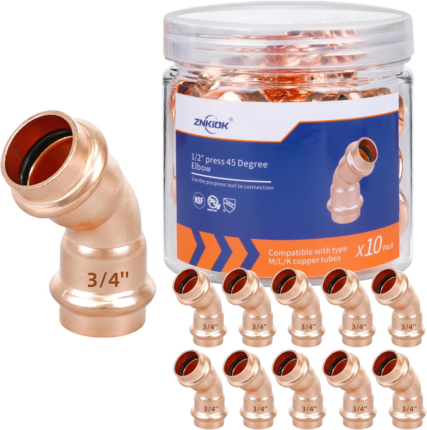 (Znkiok 10 pack) 3/4 Inch Propress Copper Fittings Zero Lead,3/4" Press 45 Degree Elbow For Copper Tube Connection,UPC,NSF/ANSI61.