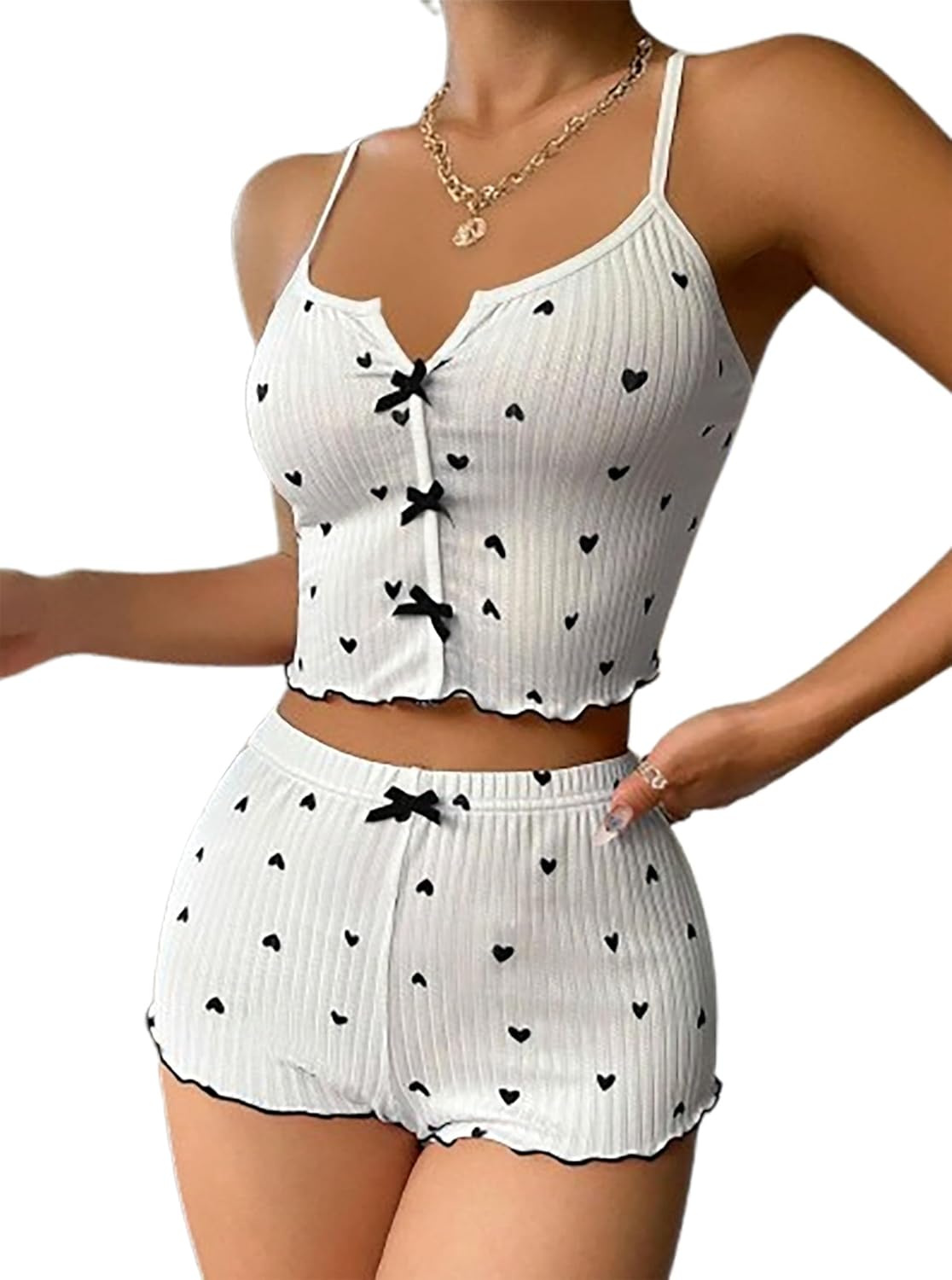 Women's Graphic 2 Piece Pajama Set Summer Cute Cami Top and Shorts Ribbed PJ Sets - Image 5
